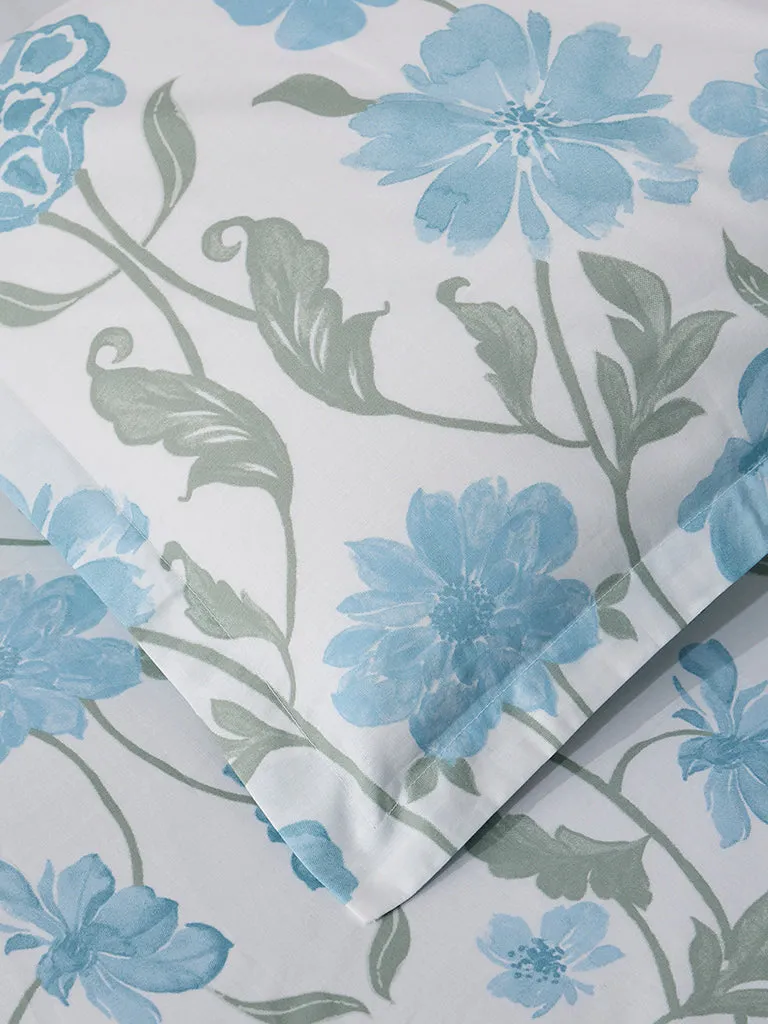 Westside Home Blue Floral Printed Double Bed Fitted Sheet and Pillowcase Set